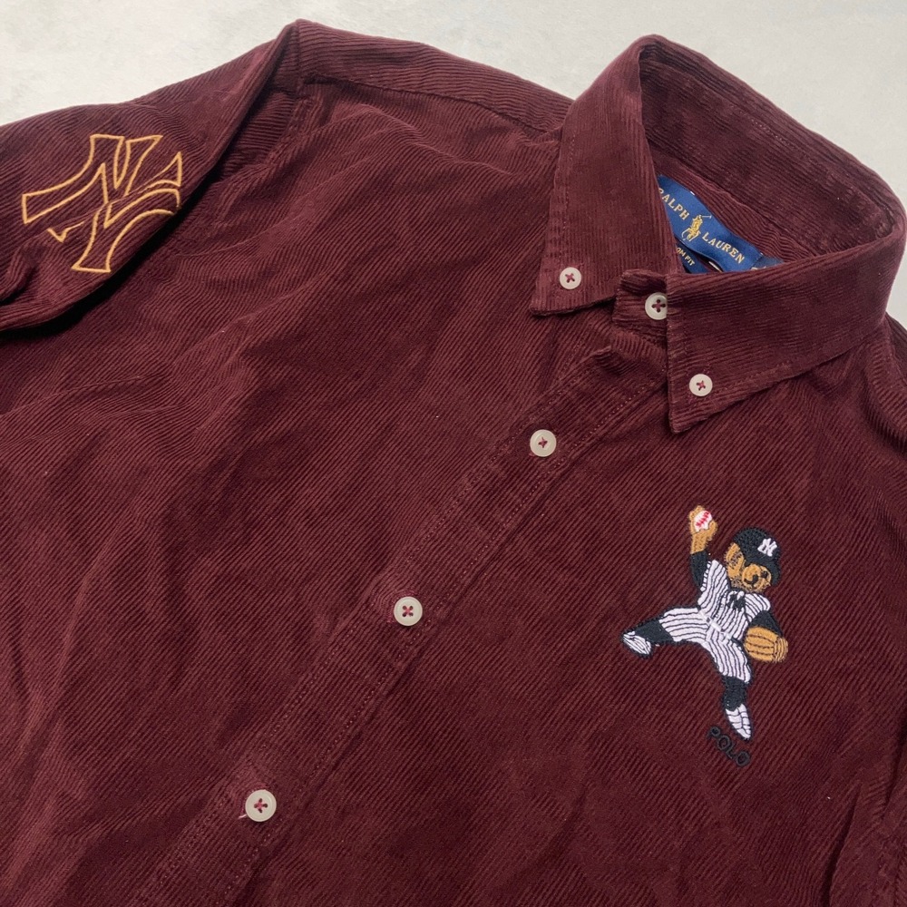 RARE Polo Ralph Lauren New York Yankees Corduroy Shirt Teen Boys L Red Polo Bear